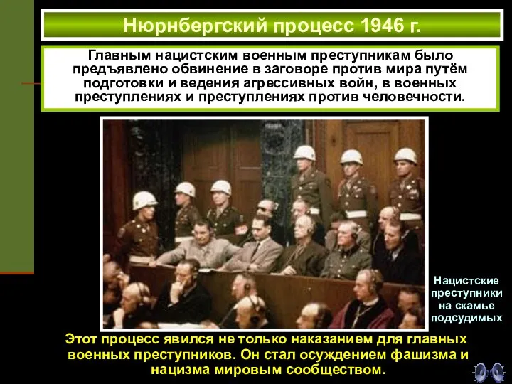 Нюрнбергский процесс 1946 г. Главным нацистским военным преступникам было предъявлено обвинение в