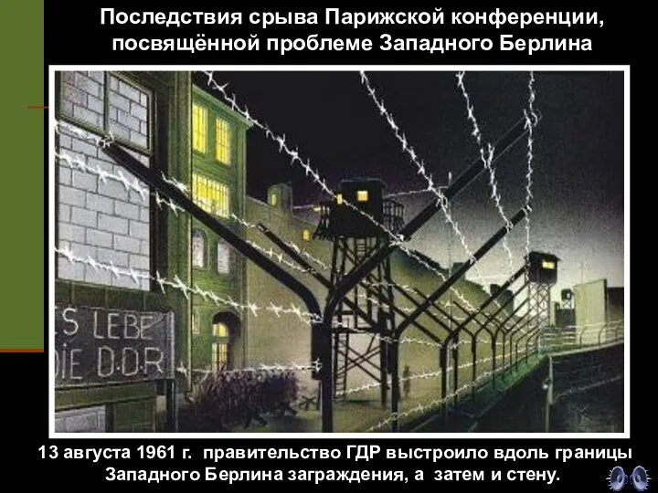 13 августа 1961 г. правительство ГДР выстроило вдоль границы Западного Берлина заграждения,