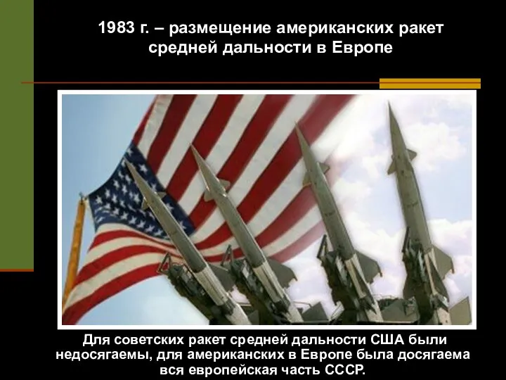 1983 г. – размещение американских ракет средней дальности в Европе Для советских