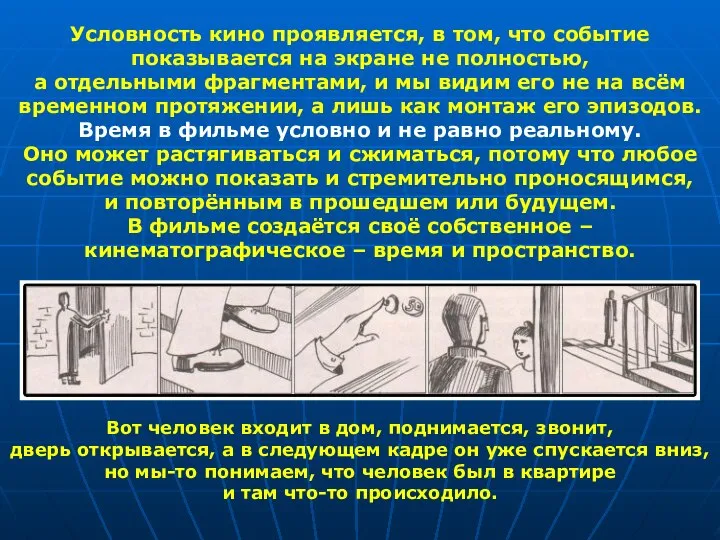 Условность кино проявляется, в том, что событие показывается на экране не полностью,