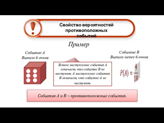 Пример Свойство вероятностей противоположных событий Событие А Выпало 6 очков Событие B