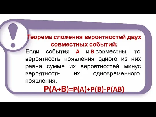 Теорема сложения вероятностей двух совместных событий: Если события A и B совместны,