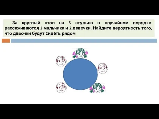 За круглый стол на 5 стульев в случайном порядке рассаживаются 3 мальчика