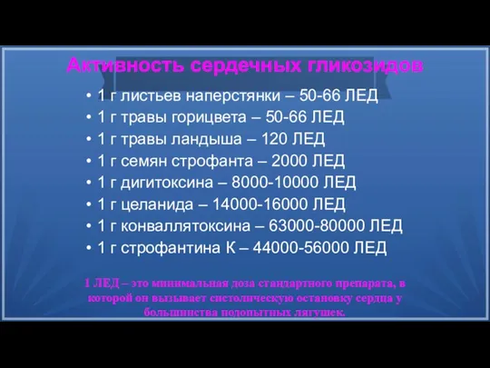 Активность сердечных гликозидов 1 г листьев наперстянки – 50-66 ЛЕД 1 г