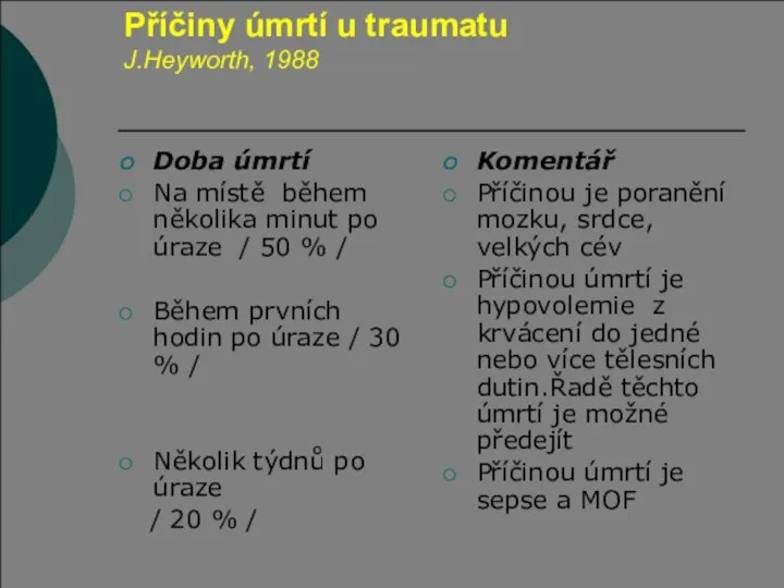 Příčiny úmrtí u traumatu J.Heyworth, 1988 Doba úmrtí Na místě během několika