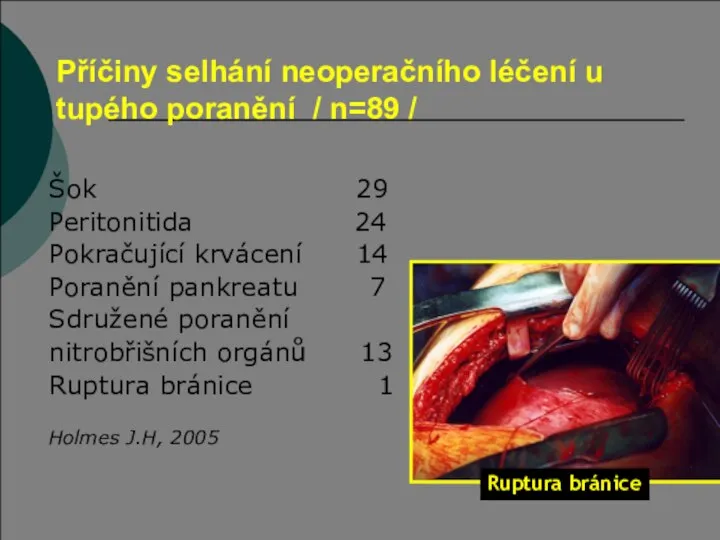 Příčiny selhání neoperačního léčení u tupého poranění / n=89 / Šok 29