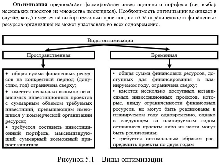 Рисунок 5.1 – Виды оптимизации Оптимизация предполагает формирование инвестиционного портфеля (т.е. выбор