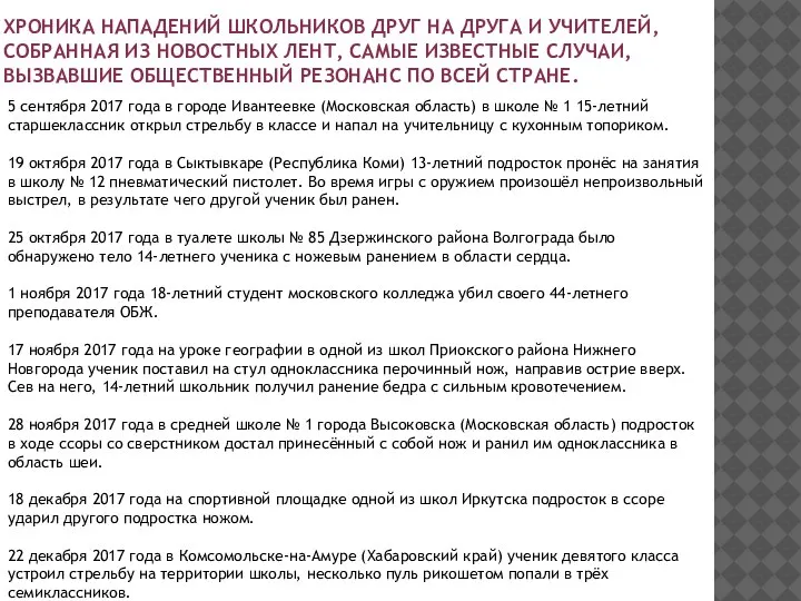 ХРОНИКА НАПАДЕНИЙ ШКОЛЬНИКОВ ДРУГ НА ДРУГА И УЧИТЕЛЕЙ, СОБРАННАЯ ИЗ НОВОСТНЫХ ЛЕНТ,