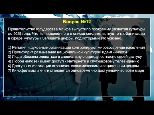 Вопрос №12 Правительство государства Альфа выпустило программу развития культуры до 2025 года.