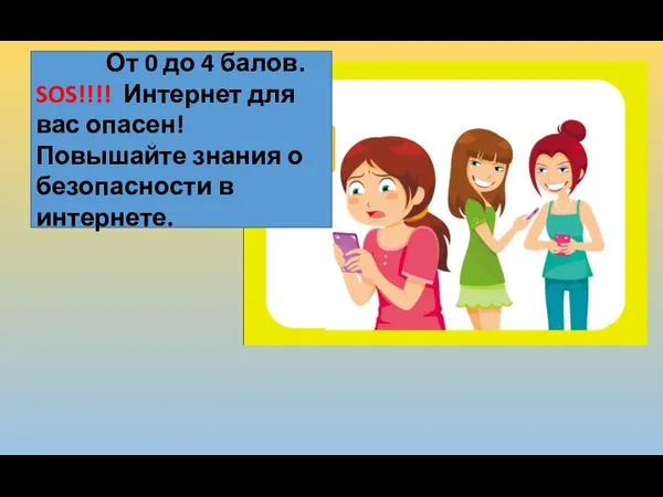 От 0 до 4 балов. SOS!!!! Интернет для вас опасен! Повышайте знания о безопасности в интернете.