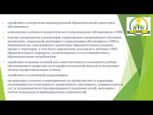 содействие в построении индивидуальной образовательной траектории обучающихся; комплексное психолого-педагогическое сопровождение обучающихся с