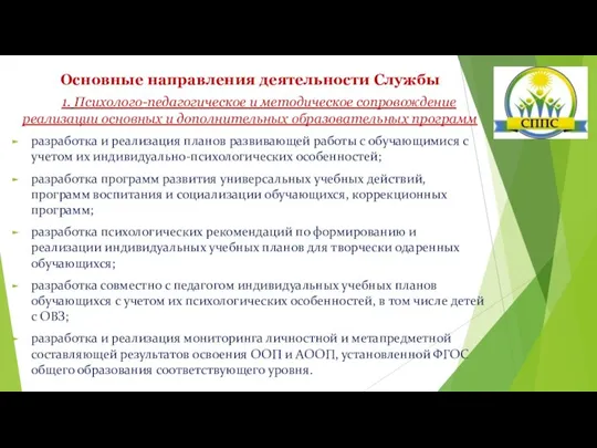 Основные направления деятельности Службы 1. Психолого-педагогическое и методическое сопровождение реализации основных и