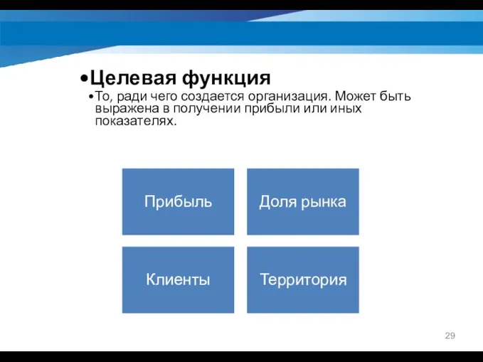 Целевая функция То, ради чего создается организация. Может быть выражена в получении