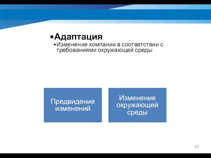 Адаптация Изменение компании в соответствии с требованиями окружающей среды Предвидение изменений Изменение окружающей среды