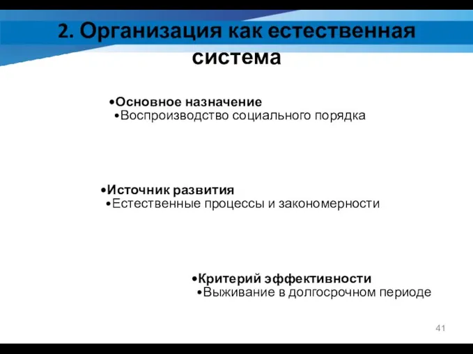 2. Организация как естественная система Критерий эффективности Выживание в долгосрочном периоде Источник