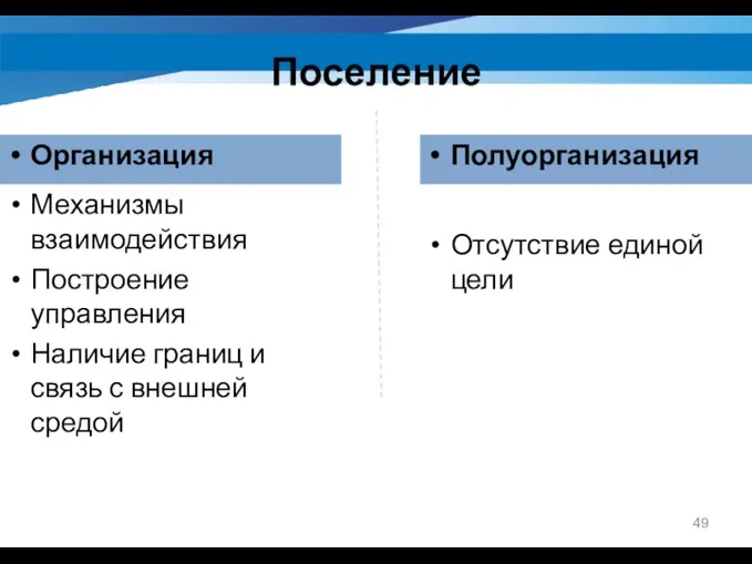 Поселение Организация Механизмы взаимодействия Построение управления Наличие границ и связь с внешней