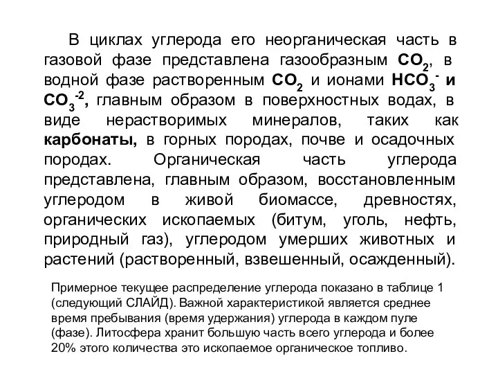 В циклах углерода его неорганическая часть в газовой фазе представлена газообразным CO2,