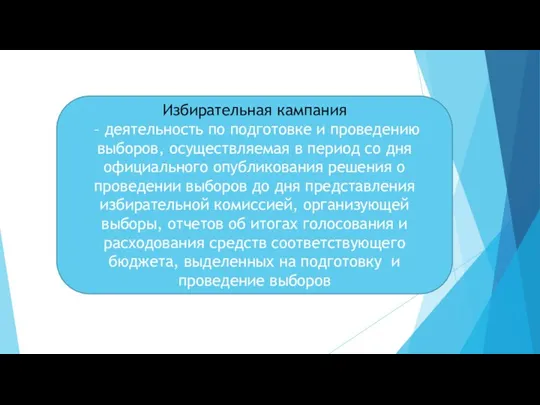 Избирательная кампания – деятельность по подготовке и проведению выборов, осуществляемая в период