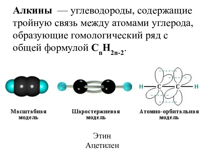 Алкины — углеводороды, содержащие тройную связь между атомами углерода, образующие гомологический ряд