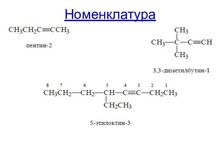 Номенклатура Простейшим алкином является этин. По номенклатуре IUPAC названия алкинов образуются от