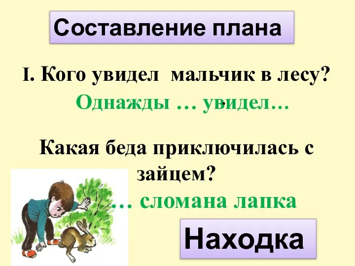 I. Кого увидел мальчик в лесу? . Какая беда приключилась с зайцем?