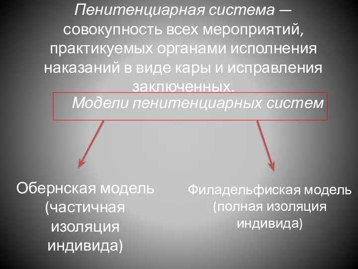 Пенитенциарная система — совокупность всех мероприятий, практикуемых органами исполнения наказаний в виде