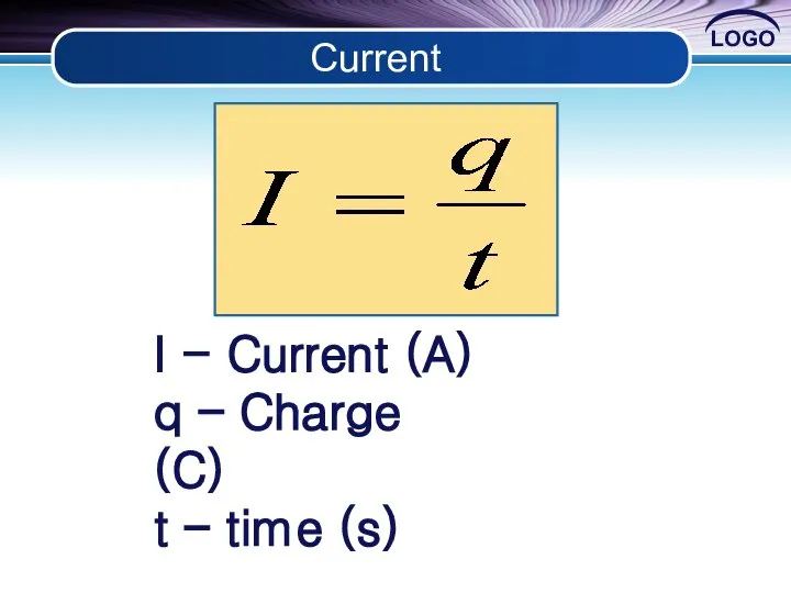 Current I - Current (A) q – Charge (C) t – time (s)