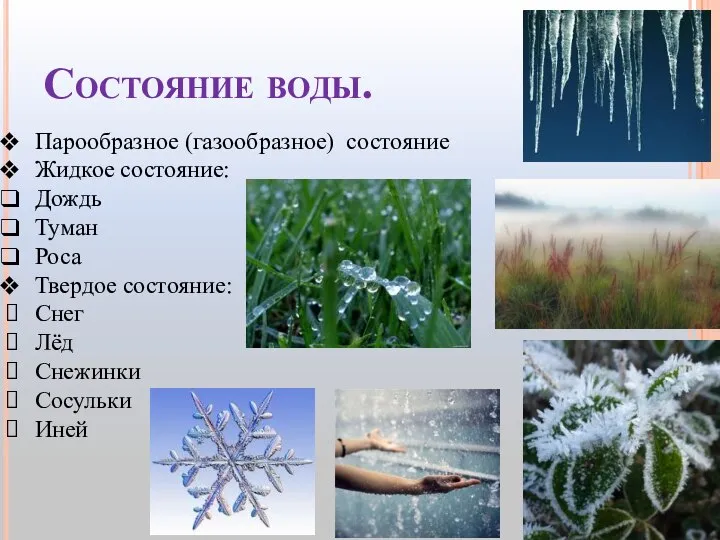 Состояние воды. Парообразное (газообразное) состояние Жидкое состояние: Дождь Туман Роса Твердое состояние: