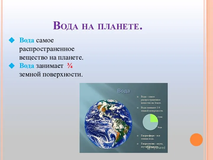 Вода на планете. Вода самое распространенное вещество на планете. Вода занимает ¾ земной поверхности.