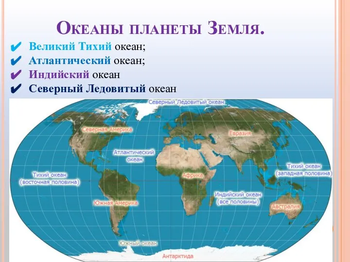 Океаны планеты Земля. Великий Тихий океан; Атлантический океан; Индийский океан Северный Ледовитый океан
