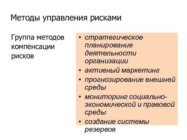 Методы управления рисками Группа методов компенсации рисков стратегическое планирование деятельности организации активный