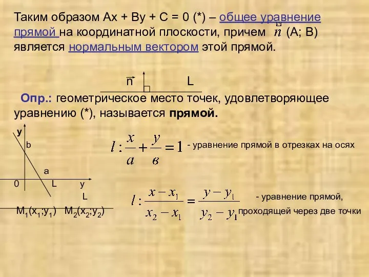 Таким образом Ах + Ву + С = 0 (*) – общее