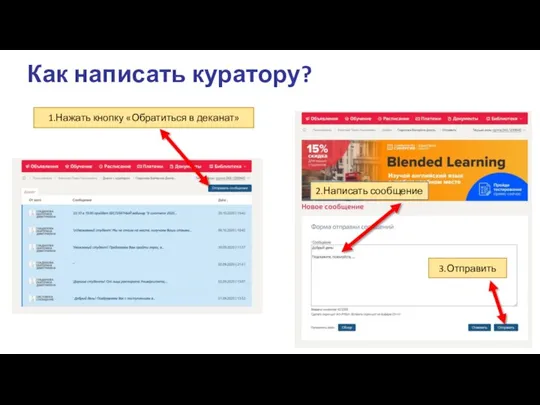 Как написать куратору? 1.Нажать кнопку «Обратиться в деканат» 3.Отправить 2.Написать сообщение