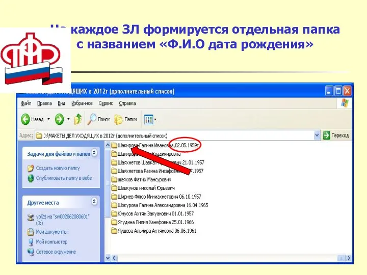 На каждое ЗЛ формируется отдельная папка с названием «Ф.И.О дата рождения»