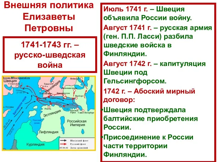 1741-1743 гг. – русско-шведская война Июль 1741 г. – Швеция объявила России