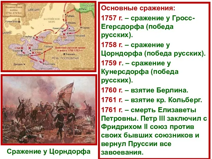 Основные сражения: 1757 г. – сражение у Гросс-Егерсдорфа (победа русских). 1758 г.