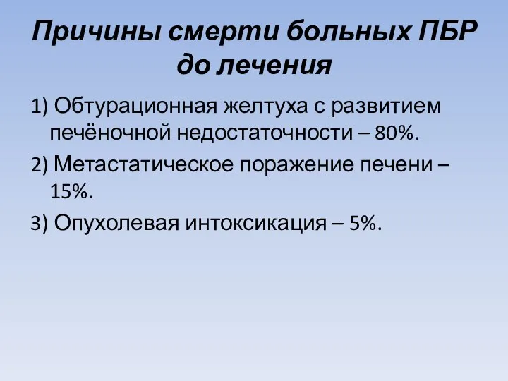 Причины смерти больных ПБР до лечения 1) Обтурационная желтуха с развитием печёночной