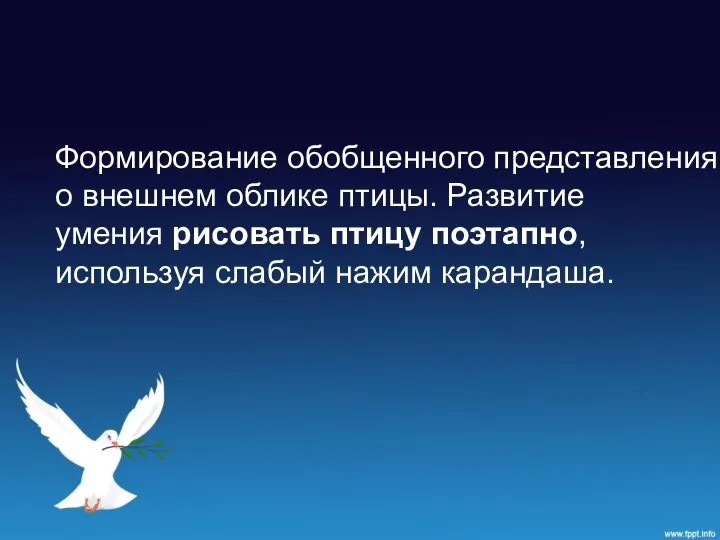 Формирование обобщенного представления о внешнем облике птицы. Развитие умения рисовать птицу поэтапно, используя слабый нажим карандаша.