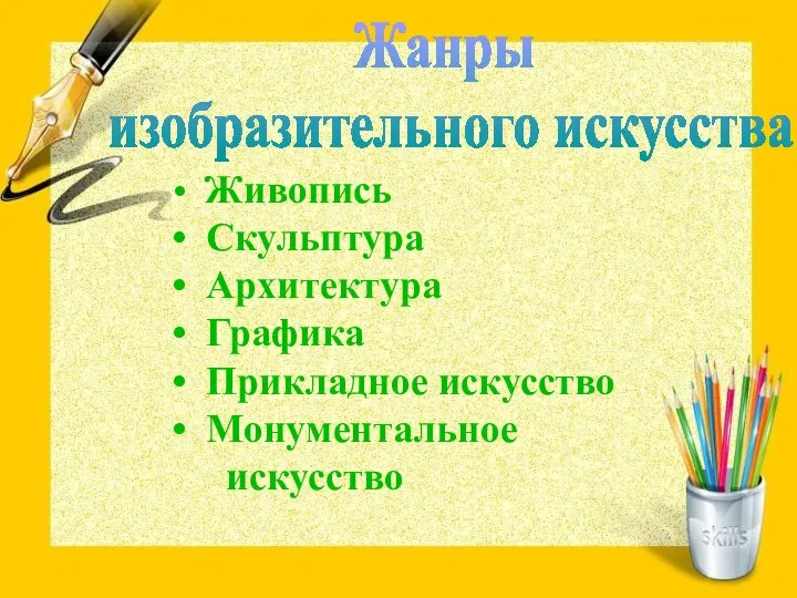 Жанры изобразительного искусства Живопись Скульптура Архитектура Графика Прикладное искусство Монументальное искусство