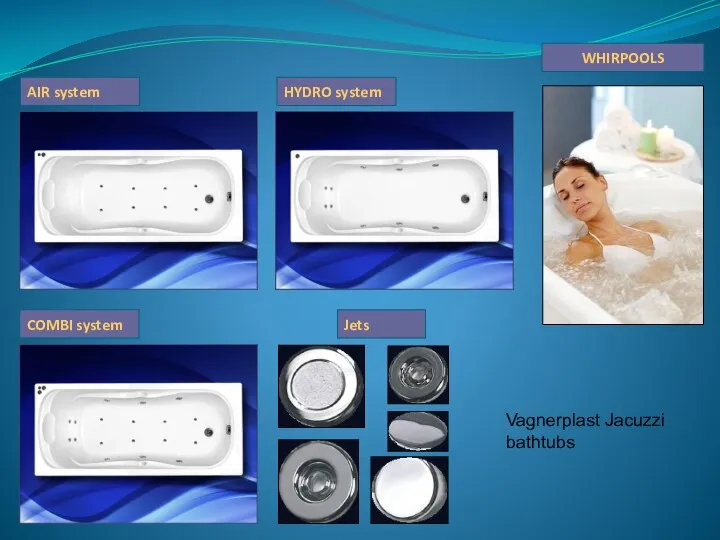 AIR system HYDRO system COMBI system WHIRPOOLS Jets Vagnerplast Jacuzzi bathtubs
