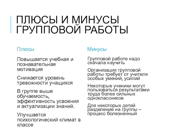 ПЛЮСЫ И МИНУСЫ ГРУППОВОЙ РАБОТЫ Плюсы Повышается учебная и познавательная мотивация Снижается