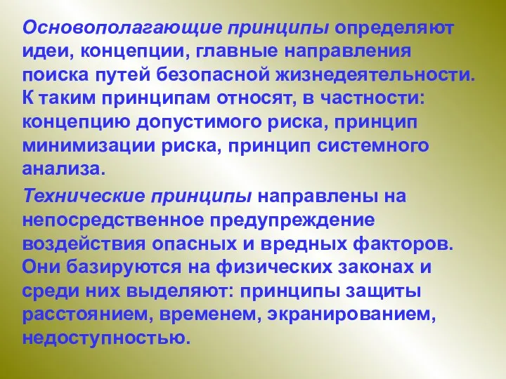 Основополагающие принципы определяют идеи, концепции, главные направления поиска путей безопасной жизнедеятельности. К