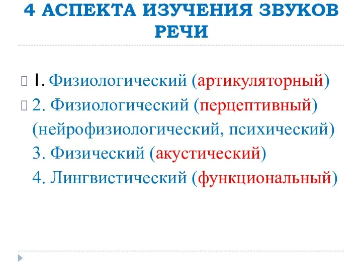 4 АСПЕКТА ИЗУЧЕНИЯ ЗВУКОВ РЕЧИ 1. Физиологический (артикуляторный) 2. Физиологический (перцептивный) (нейрофизиологический,