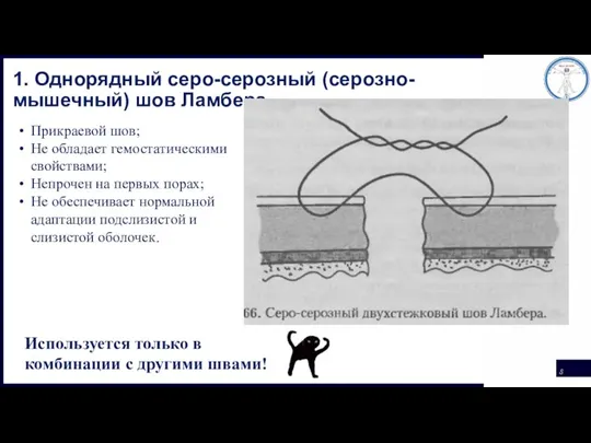 1. Однорядный серо-серозный (серозно-мышечный) шов Ламбера Используется только в комбинации с другими