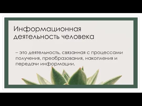 Информационная деятельность человека – это деятельность, связанная с процессами получения, преобразования, накопления и передачи информации.