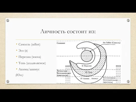 Личность состоит из: Самость (selbst) Эго (я) Персона (маска) Тень (подавляемое) Анима/анимус (Юнг)