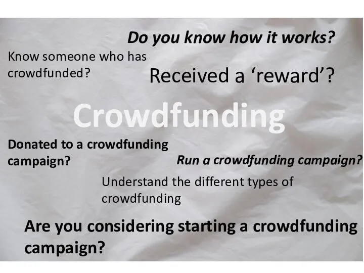 Crowdfunding Do you know how it works? Know someone who has crowdfunded?