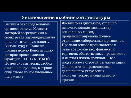 Установление якобинской диктатуры Высшим законодательным органом остался Конвент, который сосредоточил в своих