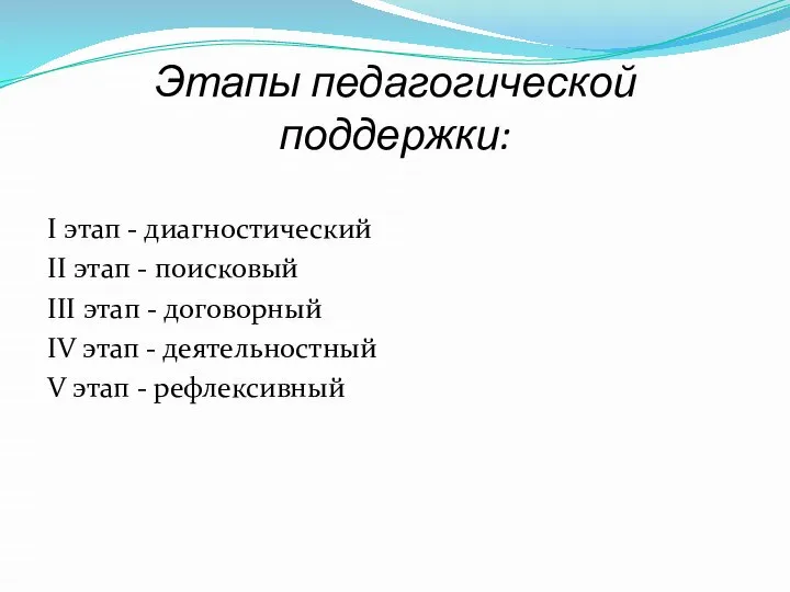 Этапы педагогической поддержки: I этап - диагностический II этап - поисковый III