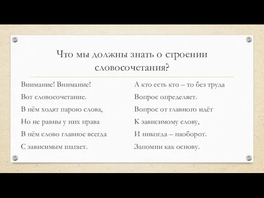 Что мы должны знать о строении словосочетания? Внимание! Внимание! Вот словосочетание. В